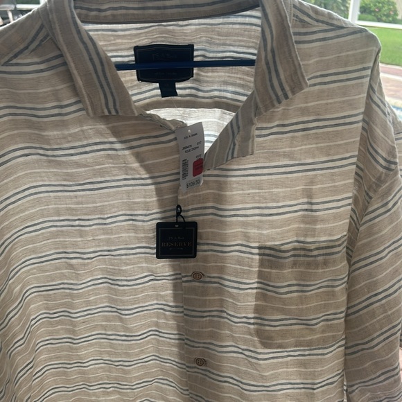 Jos A Bank Reserve LINEN Short Sleeve Button Up Shirt 2X NWT Blue Beige Stripe - Picture 12 of 13